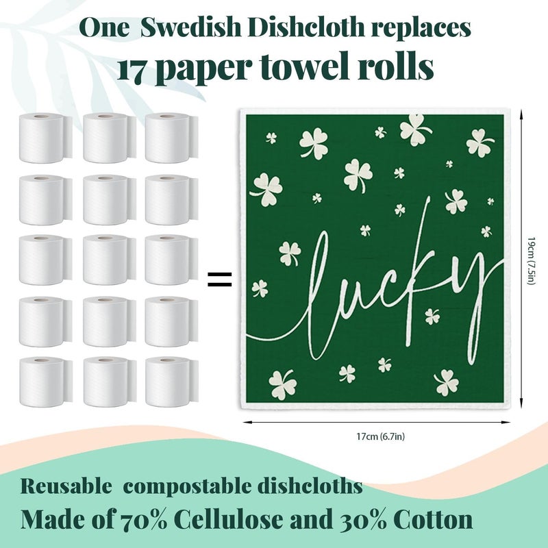 LARTSFRO Lucky Wishes Swedish Dishcloths for Kitchen, Green Swedish Dish Cloths for Four-Leaf Clover, 4 Pack Dish Towels for Kitchen, Papaya Reusable Paper Towels Washable - Image 2